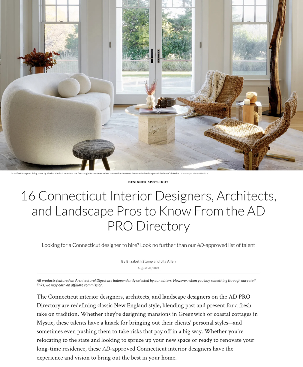 First page of AD PRO Directory Spread featuring Connecticut Interior Designers